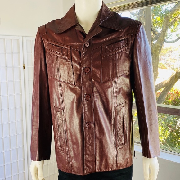 Vintage Mens Brown Leather Shirt Jacket, 44.